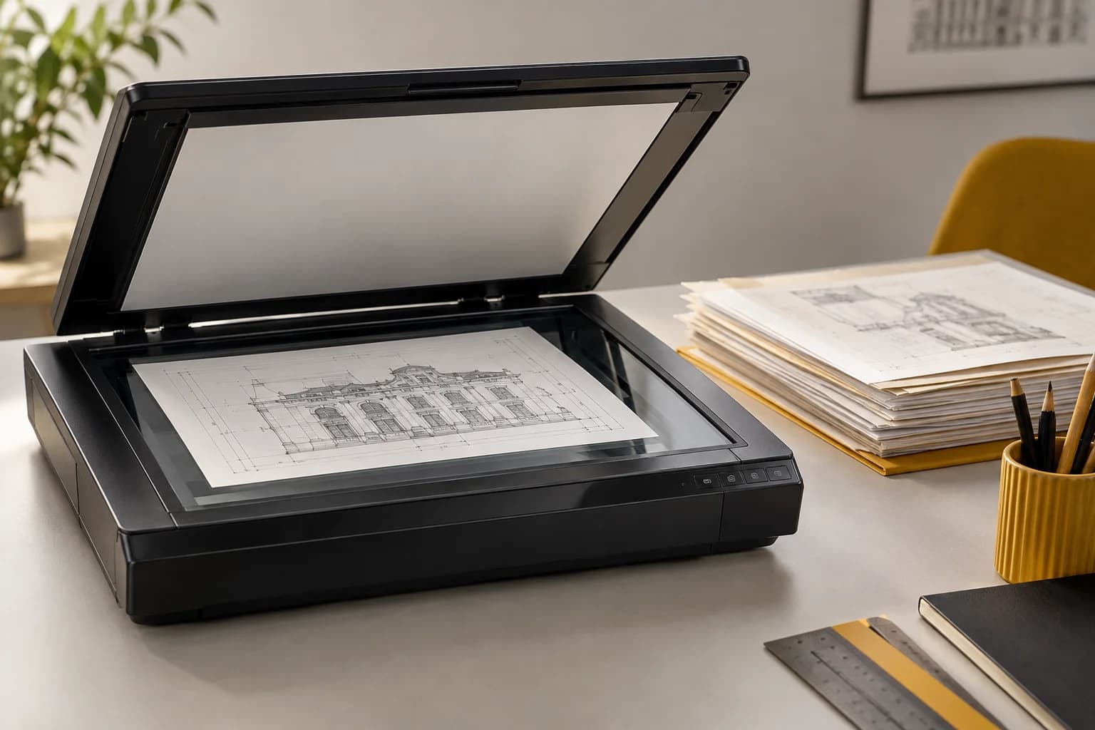 Digitalizador A3 com um desenho e documentos originais