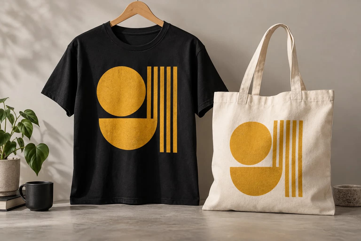 T-shirt e saco de tecido com um motivo gráfico estampado