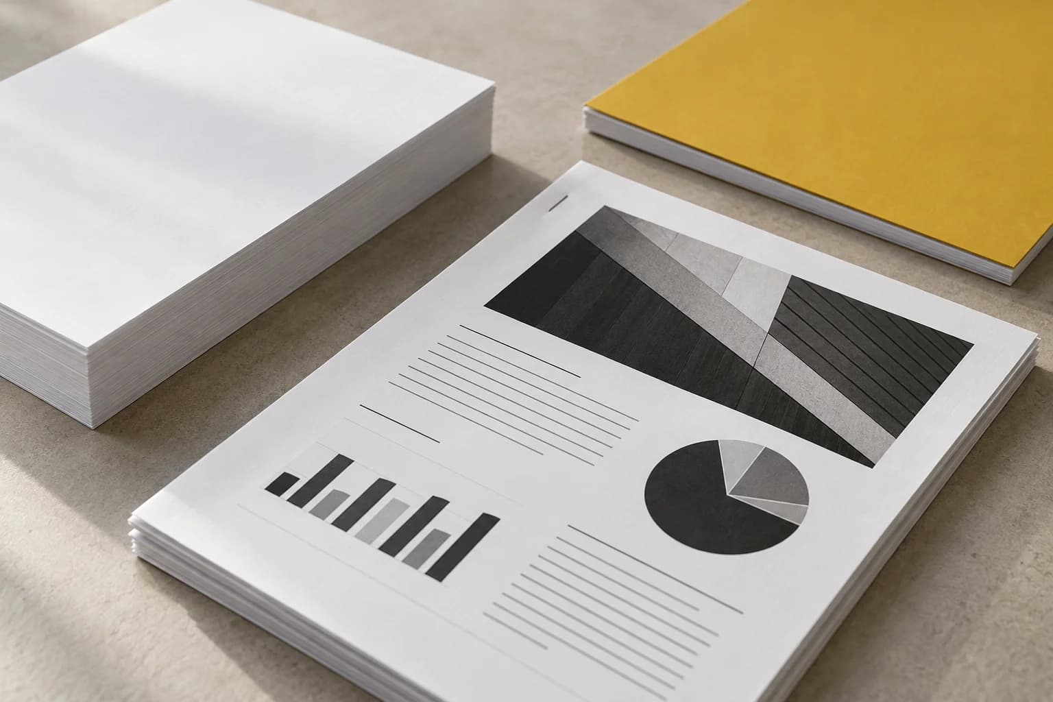 Conjuntos de documentos fotocopiados, papel e capa amarela