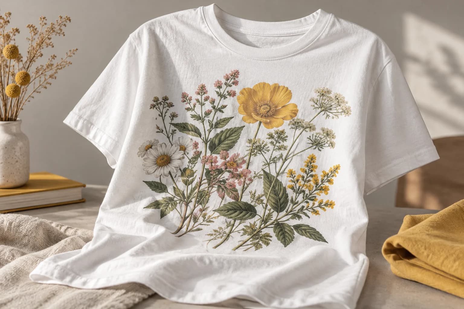 T-shirt de algodão com uma ilustração botânica impressa diretamente