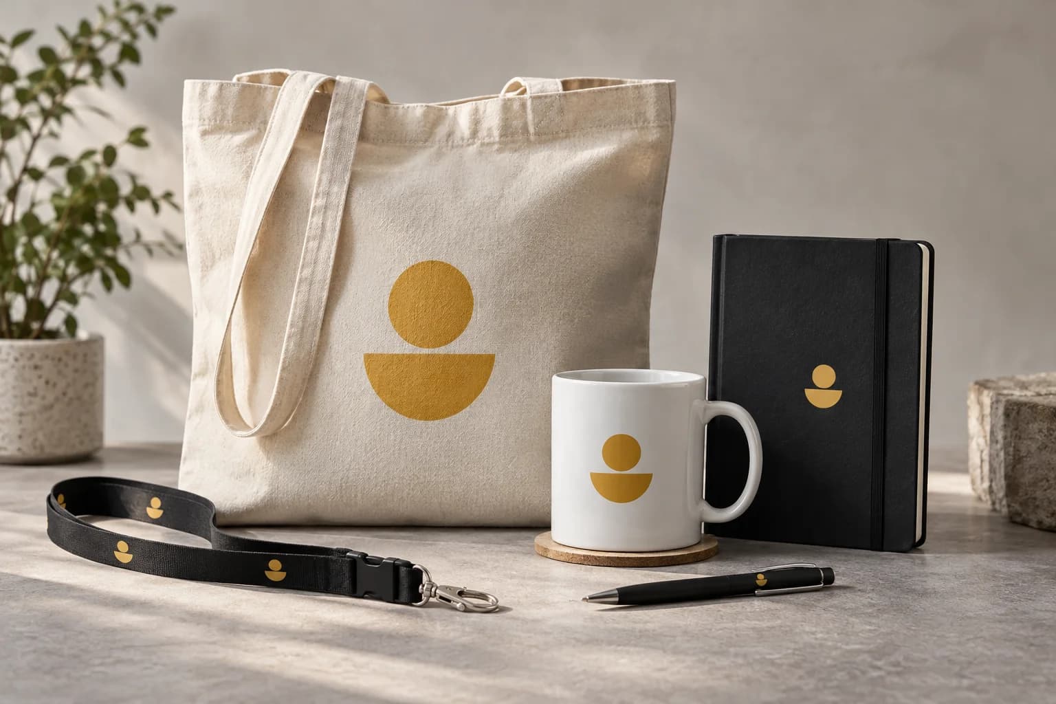 Saco, caneca, caderno, caneta e fita com identidade gráfica coordenada