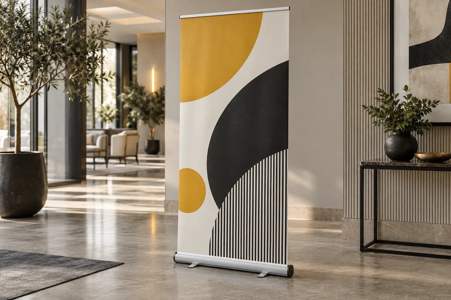 Roll-up de comunicação com base retrátil num espaço de eventos