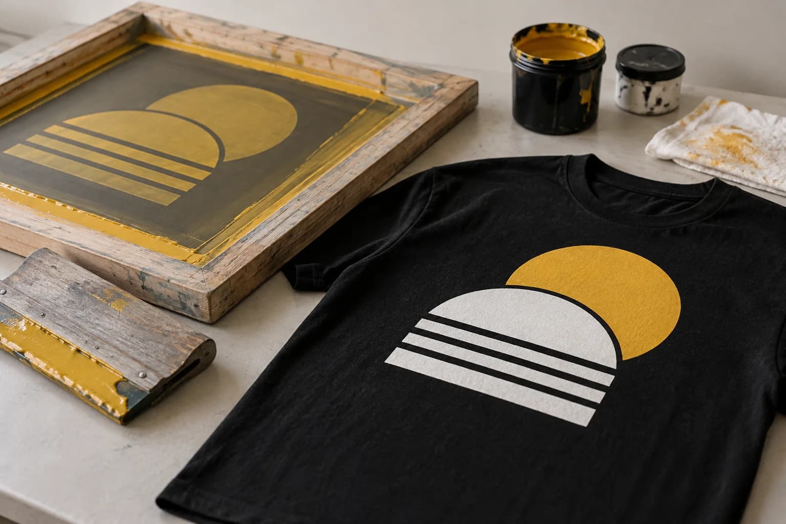 Quadro de serigrafia, raclete e t-shirt com impressão a duas cores